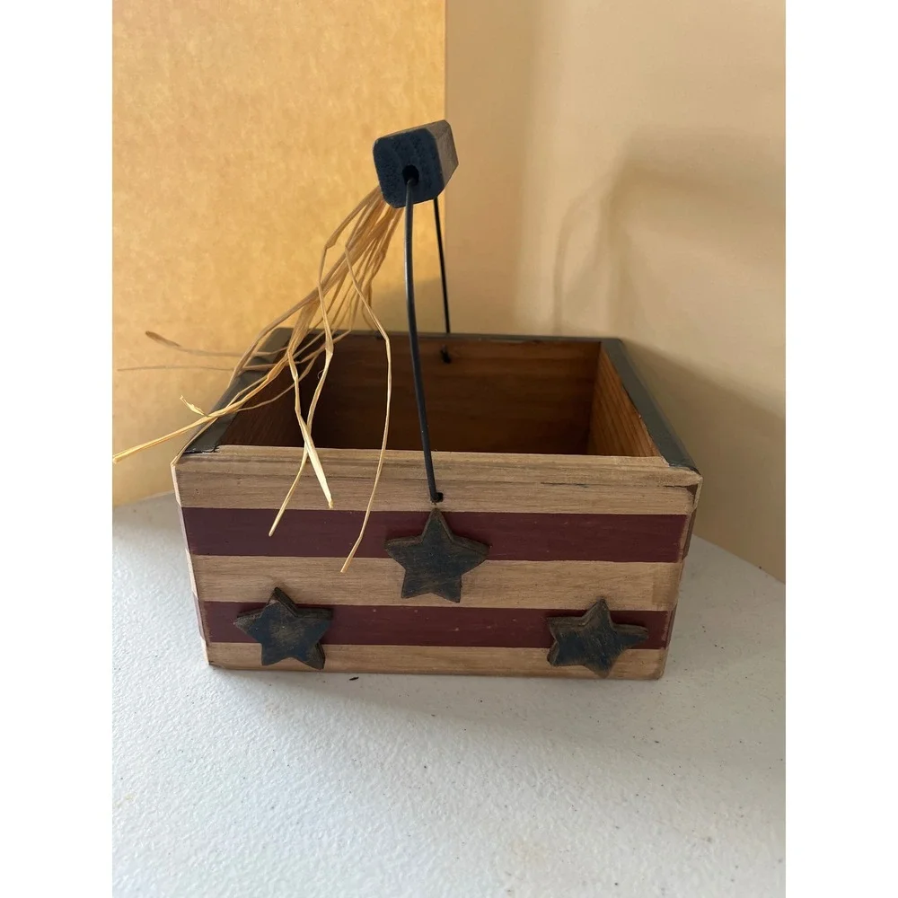 Primitive Americana Wooden Basket Rustic Patriotic Star Stripe Decor Wire Handle